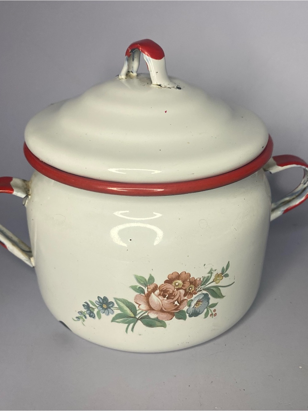 Vintage Cinsa Saltillo Mexico Enamelware White/Red Sugar Pot Floral Design